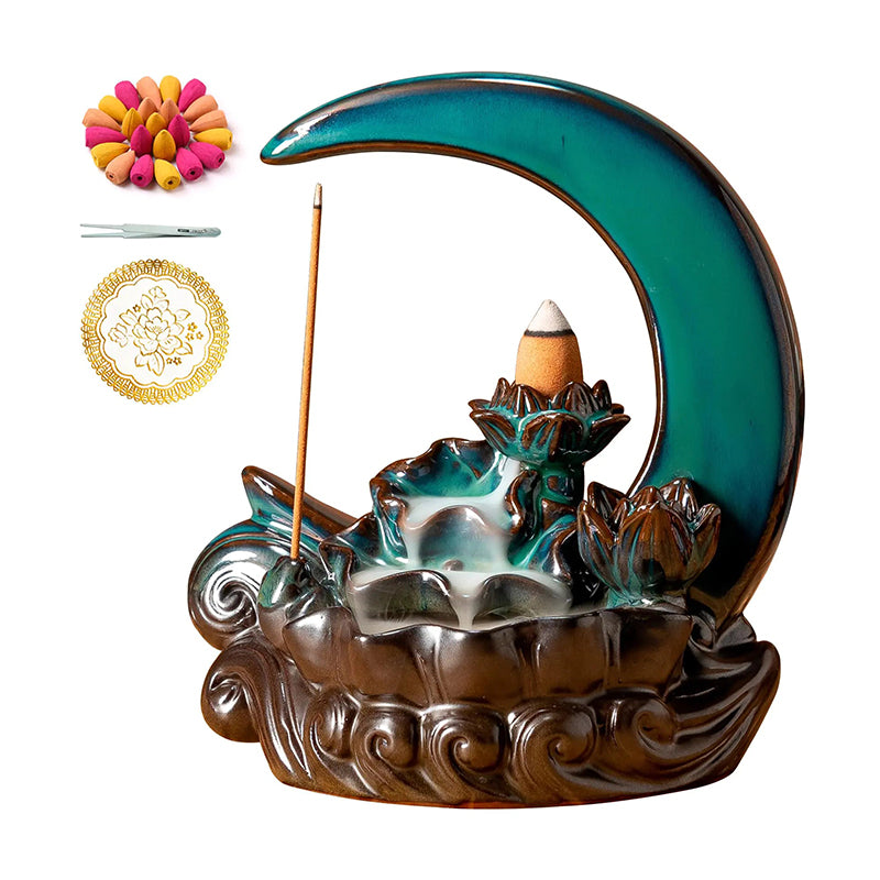 Brûleur d'encens de la lune Garmoly avec 60 cônes d'encens + 30 encens en céramique cascade encens du brûleur de back-reflux d'encens pour décoration intérieure d'ornement d'aromathérapie (cyan)