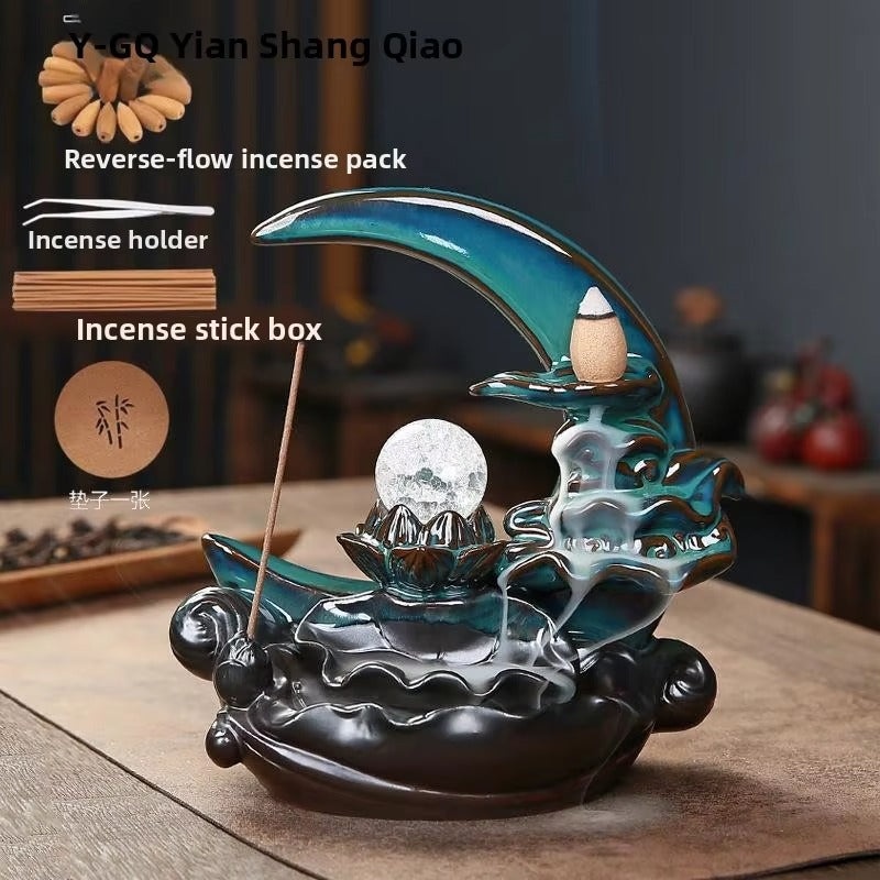 Brûleur d'encens de la lune Garmoly avec 60 cônes d'encens + 30 encens en céramique cascade encens du brûleur de back-reflux d'encens pour décoration intérieure d'ornement d'aromathérapie (cyan)