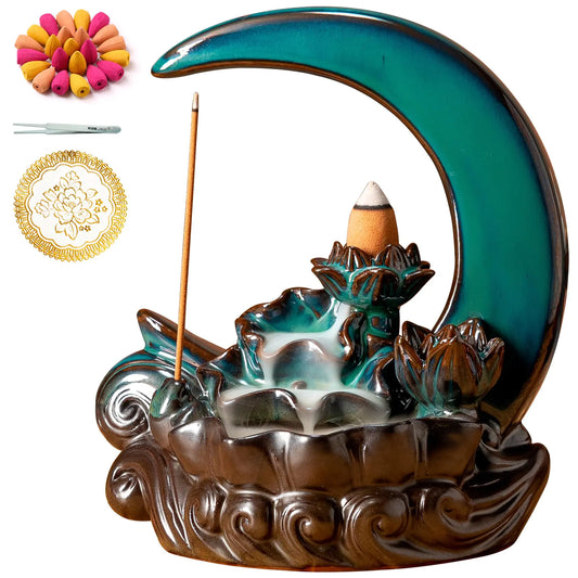 Brûleur d'encens de la lune Garmoly avec 60 cônes d'encens + 30 encens en céramique cascade encens du brûleur de back-reflux d'encens pour décoration intérieure d'ornement d'aromathérapie (cyan)