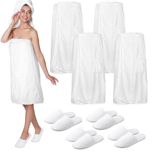 Tigeen 4 Sets Spa Robes pour les femmes Spa enveloppe en pellette légère avec une pelle avec une robe de poche enveloppe de robe et des pantoufles de l'hôtel lavables pour spa gym de salle de bain blanc
