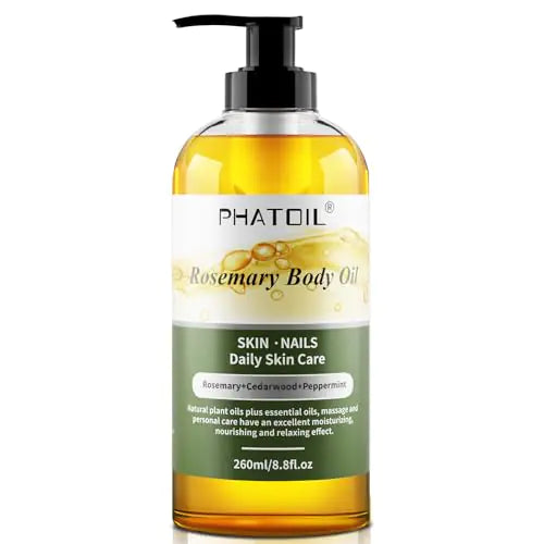 PHATOIL Huile corporelle au romarin après la douche avec pompe 260 ml (8,8 fl.oz) Huile de massage de qualité supérieure Huiles corporelles pour peau sèche Huile de romarin pour cheveux Mélanges d'huiles végétales naturelles et d'huiles essentielles